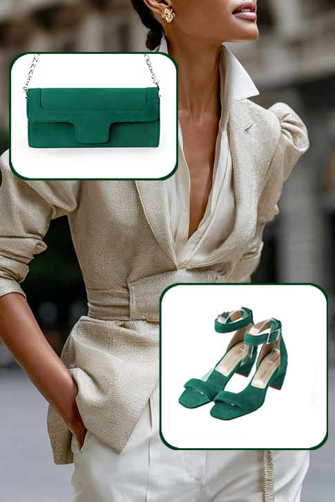 Dress sandals ankle strap in emerald green leather with medium comma heels and square toe - Top view